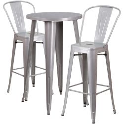 24" Round Metal Bar Table Table Set - Two Chairs - Silver
