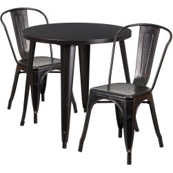 30" Round Metal Dining Table Set - Stack Chairs - Black Antique Gold