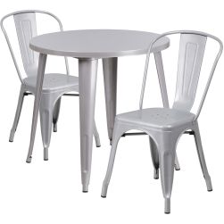 30" Round Metal Dining Table Set - Stack Chairs - Silver