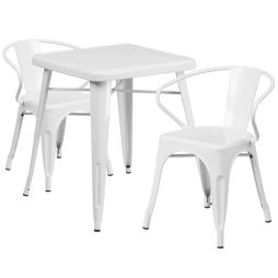 24" Square Metal Cafe Table with Two Arm Chairs - White