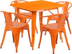 32" Square Metal Dining Table Set - Orange