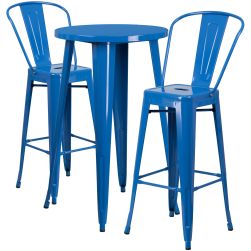 24" Round Metal Bar Table Table Set - Two Chairs - Blue