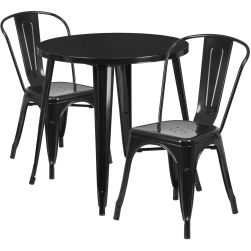 30" Round Metal Dining Table Set - Stack Chairs - Black