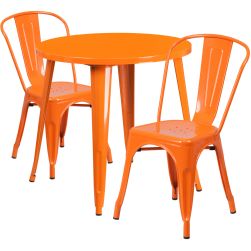 30" Round Metal Dining Table Set - Stack Chairs - Orange
