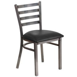 Ladder Back Metal Restaurant Chair - Clear Coat Frame - Black Vinyl Seat