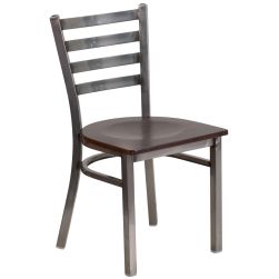Ladder Back Metal Restaurant Chair - Clear Coat Frame - Walnut Wood Seat