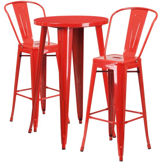 24" Round Metal Bar Table Table Set - Two Chairs - Red