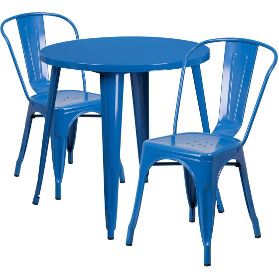 30" Round Metal Dining Table Set - Stack Chairs - Blue