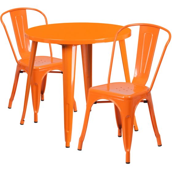 30" Round Metal Dining Table Set - Stack Chairs - Orange