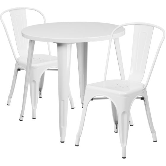 30" Round Metal Dining Table Set - Stack Chairs - White