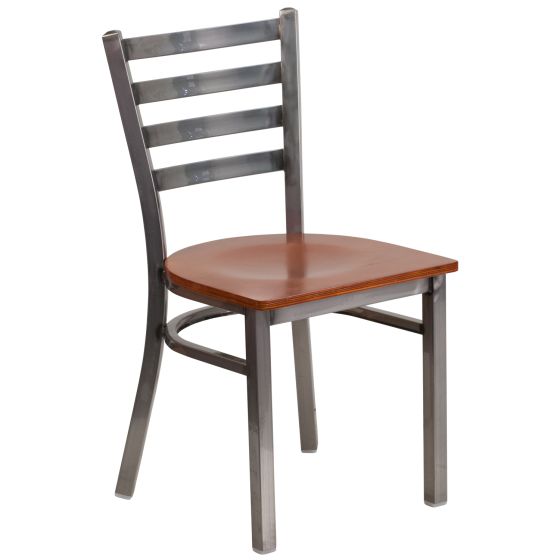 Ladder Back Metal Restaurant Chair - Clear Coat Frame -Cherry Wood Seat