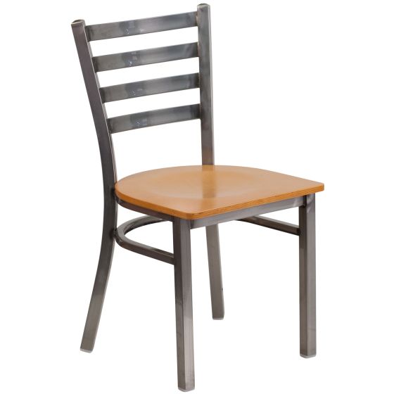 Ladder Back Metal Restaurant Chair - Clear Frame - Natural Wood Seat