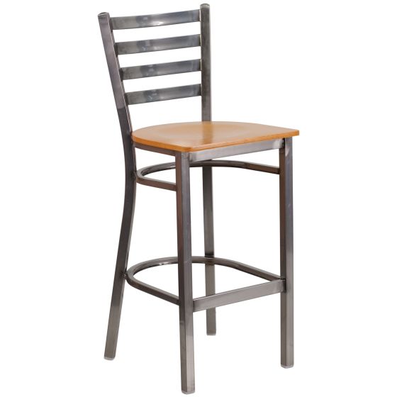 Ladder Back Metal Restaurant Bar Stool - Clear Coat Frame - Natural Wood Seat