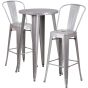 24" Round Metal Bar Table Table Set - Two Chairs - Silver