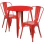 30" Round Metal Dining Table Set - Stack Chairs - Red