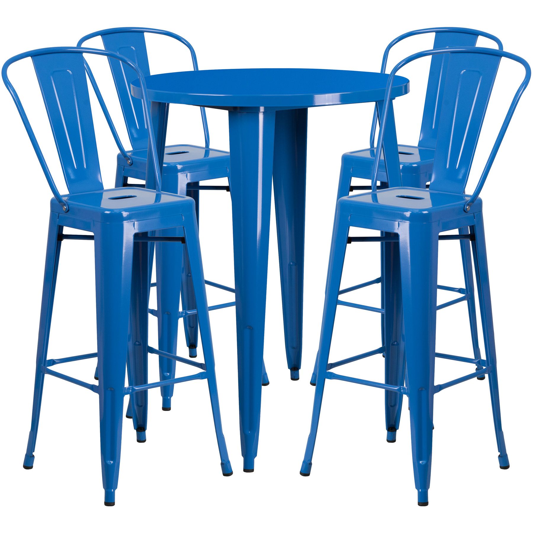 30" Round Metal Bar Table Table Set - Four Bar Stools - Blue