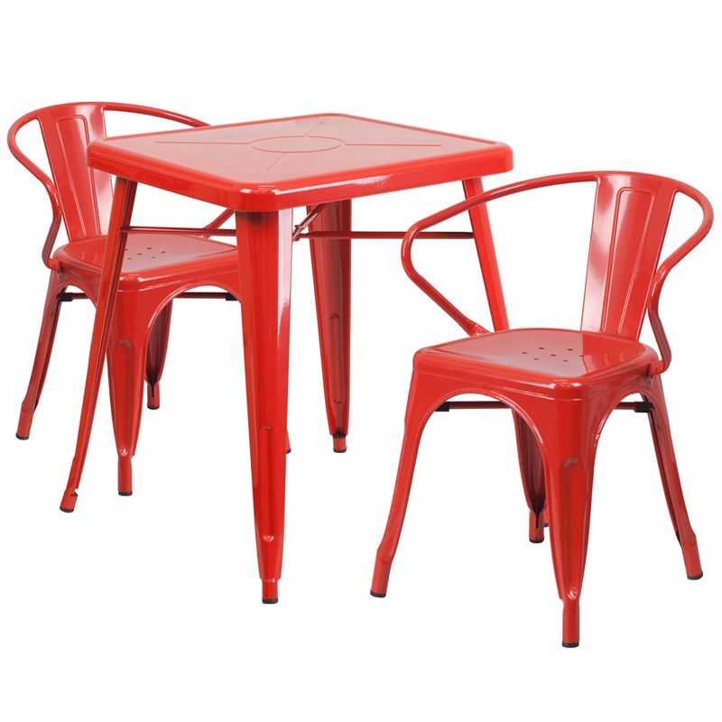 24 Square Metal Restaurant Table, Red Metal Dining Chairs