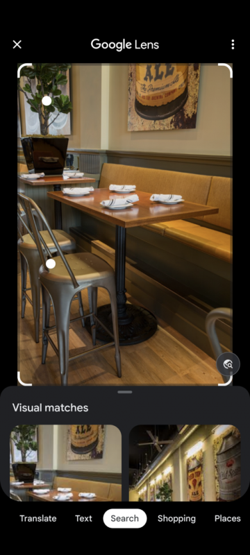 Screenshot of Google Lens searching for a bar height restaurant table