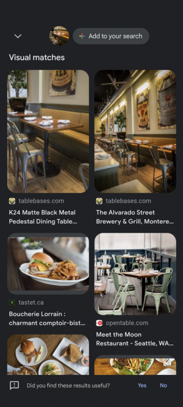 Screenshot of image search results using Google Lens to find restaurant furniture